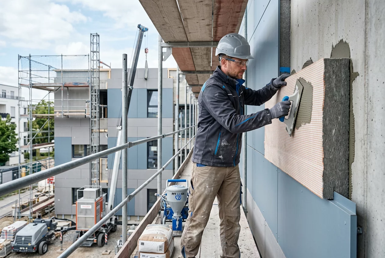 Professional specialist working on facade insulation
